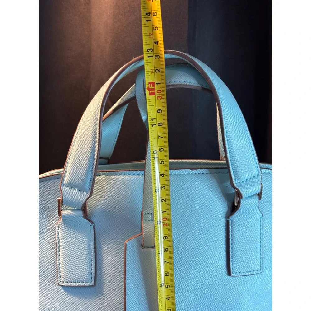 Blue Saffiano Dome Satchel Bag with Gold Heart Detail and Striped Lining